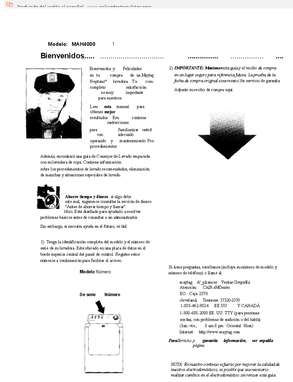 Mah4000 manual Maytag Neptune Traducido al español Modelo MAH4000 1