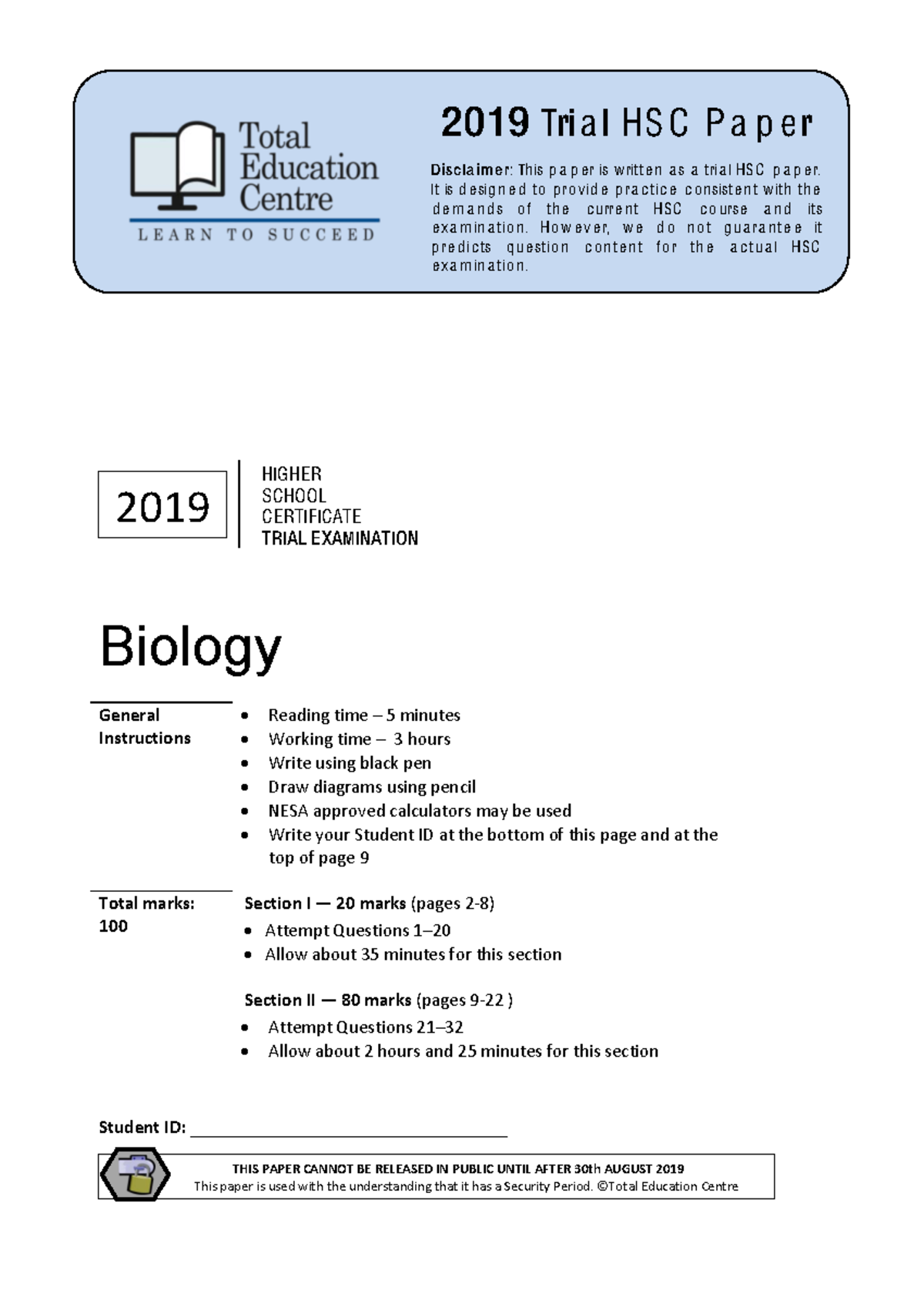 2019 Biology HSC Trial total education practice paper - 2019 Tri a l H ...
