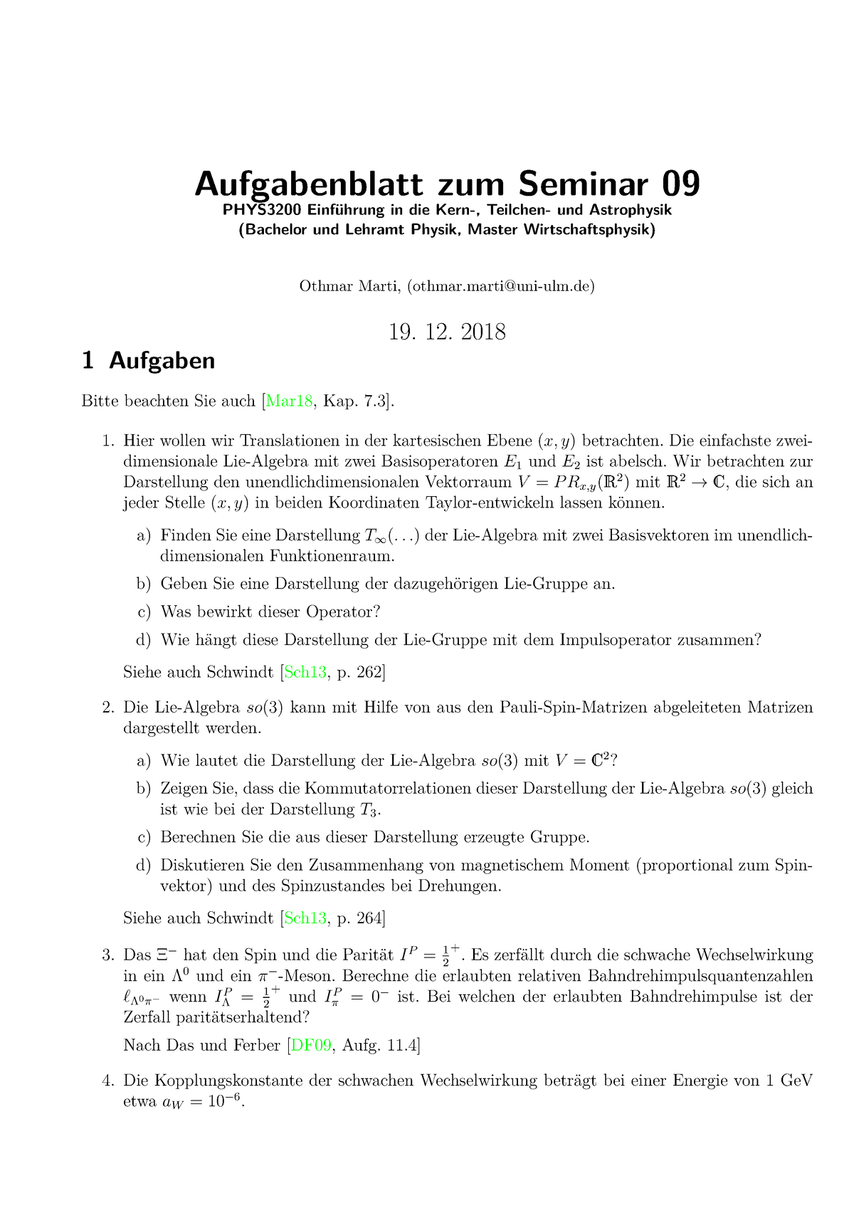 Aufgabenblatt 09 Zu Den Seminaren Vom 19. 12. 2018 Mit L”sungen ...