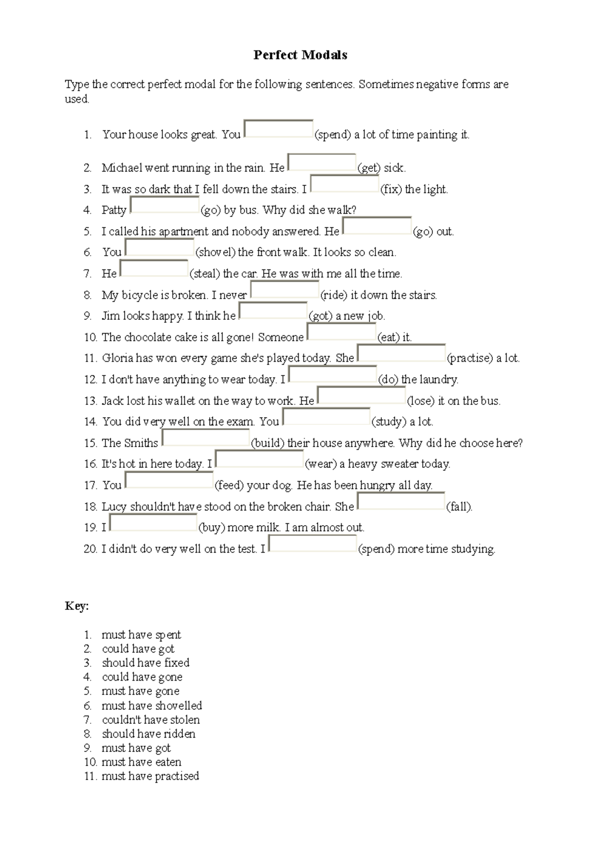 Perfect Modals Exercise Key - Perfect Modals Type The Correct Perfect 