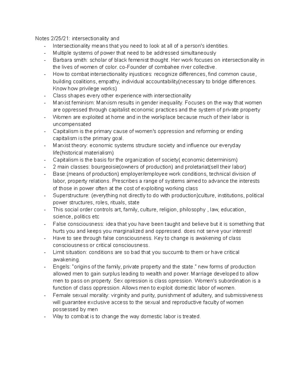 Notes 2 25 21 - professor Massey - Notes 2/25/21: intersectionality and ...