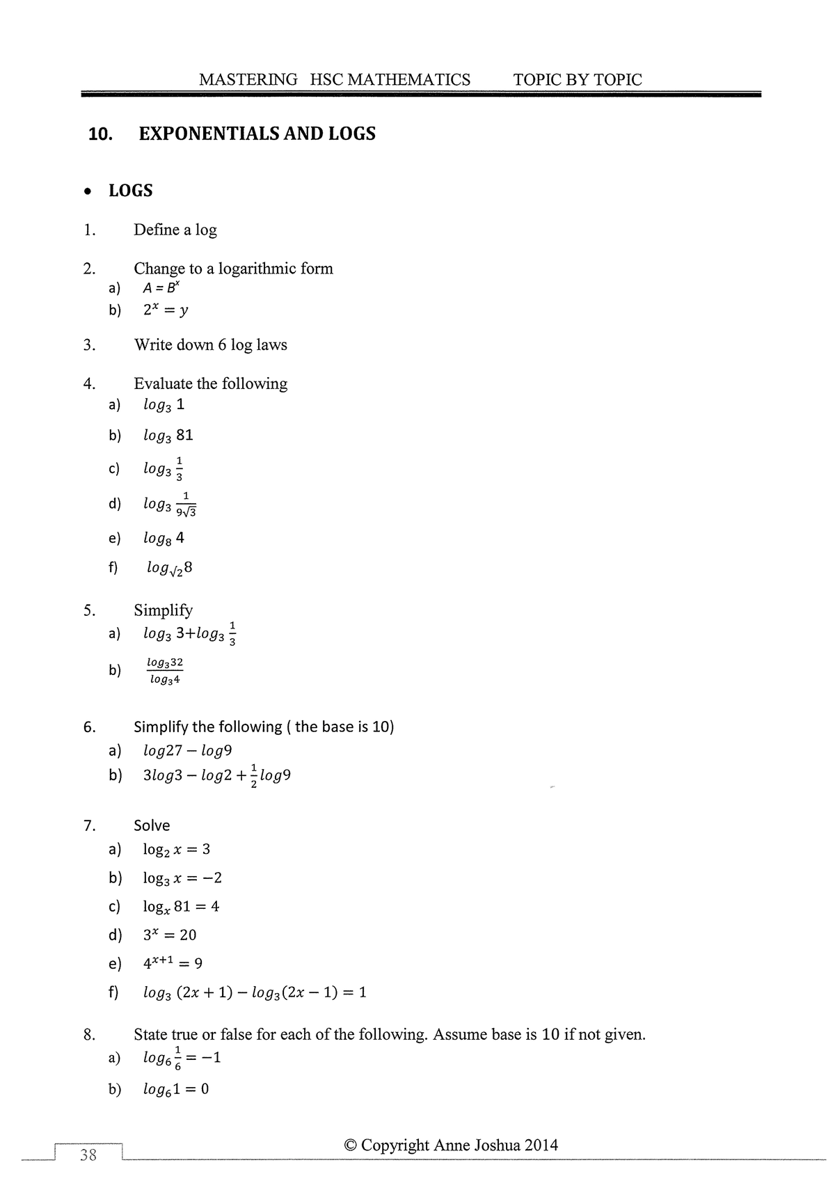 Exponentials And Logs - Mastering HSC Questions - MATH - Studocu