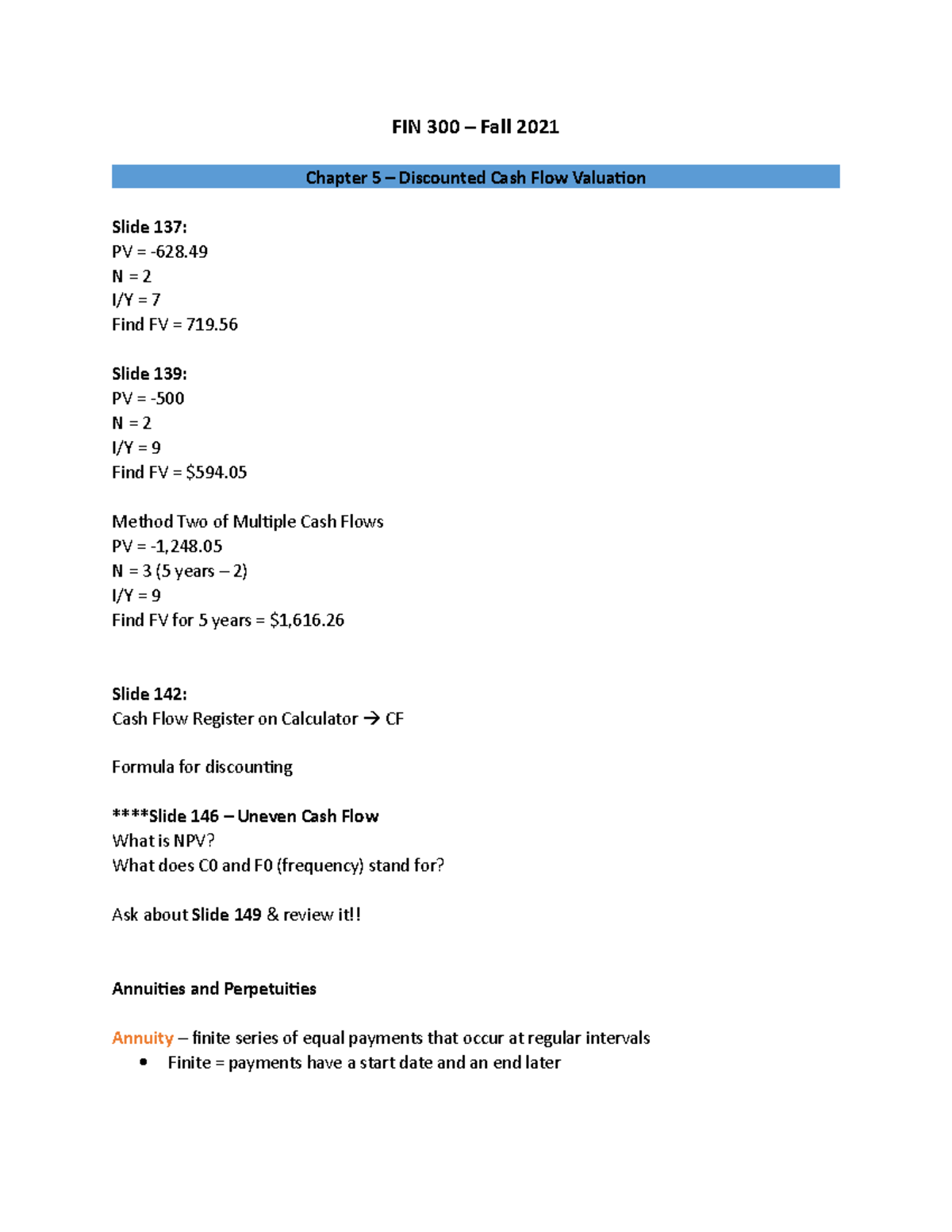 FIN 300 Lecture Notes Chapter 5 Discounted Cash Flow Valuation - FIN ...