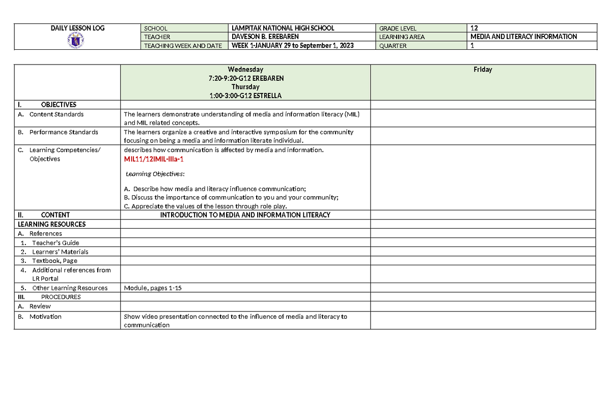 Lesson 1 - NOTES - DAILY LESSON LOG SCHOOL LAMPITAK NATIONAL HIGH ...