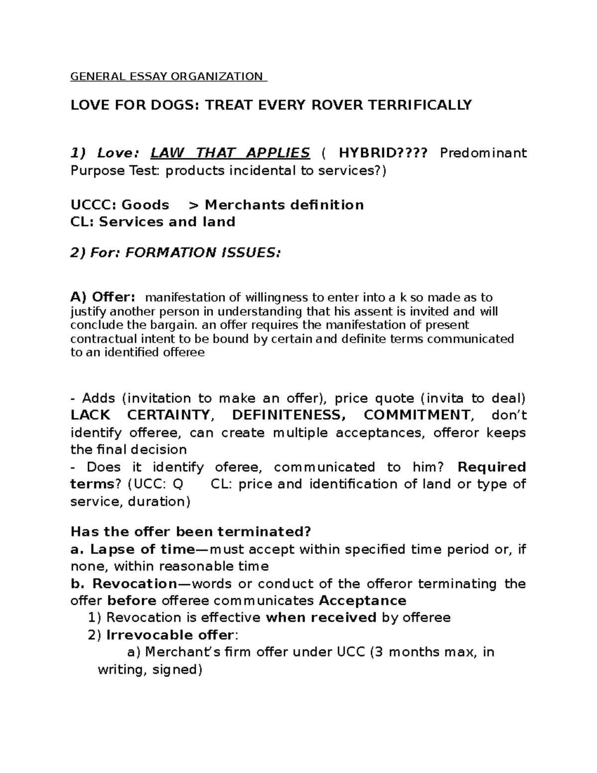 Contracts Outline GENERAL ESSAY ORGANIZATION LOVE FOR DOGS TREAT