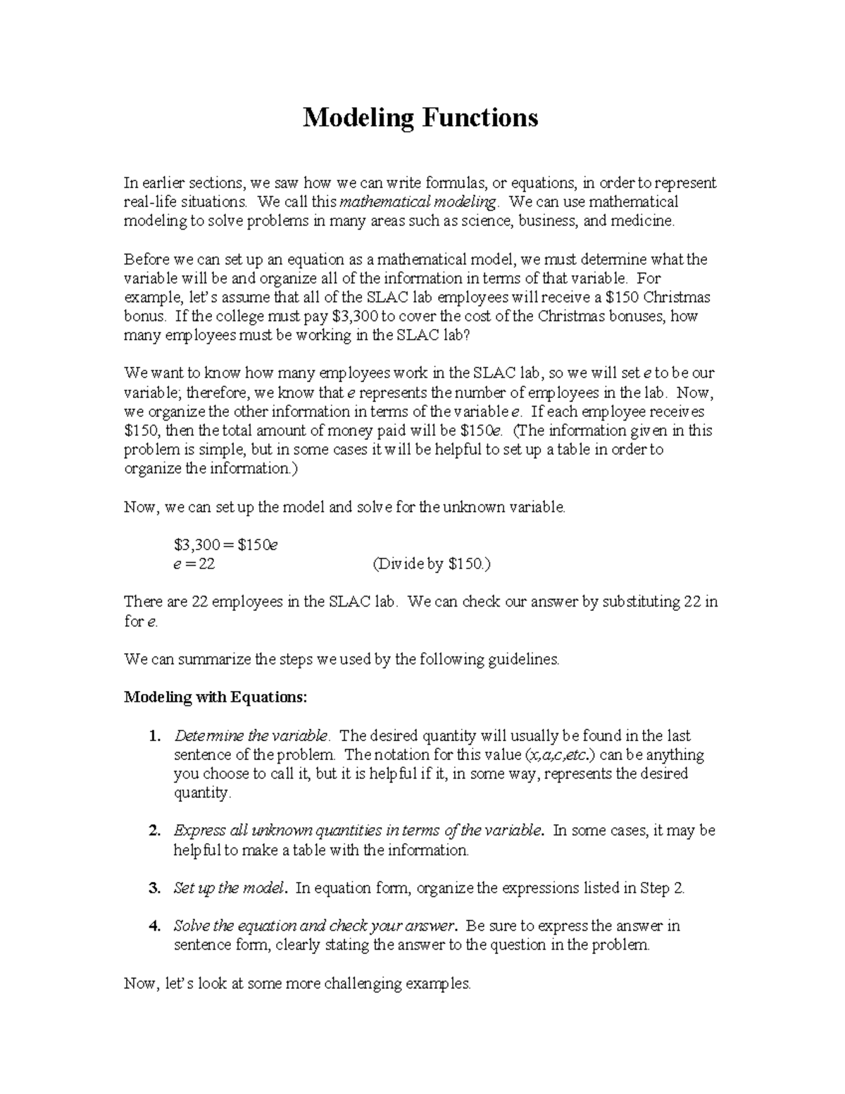 Modeling equations - Good - Modeling Functions In earlier sections, we ...