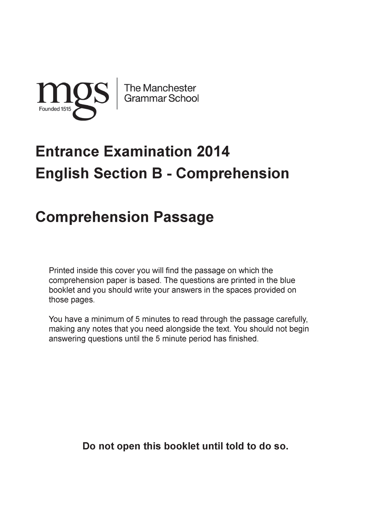 English Section B Comprehension - Entrance Examination 2014 English ...