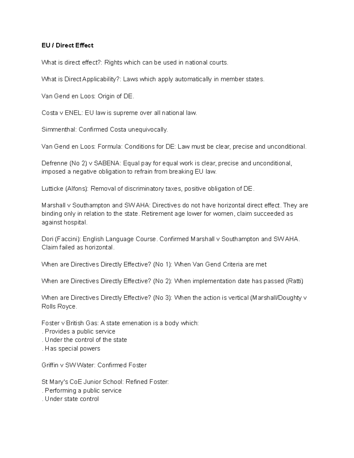 EU Direct Effect notes and cases EU / Direct Effect What is direct