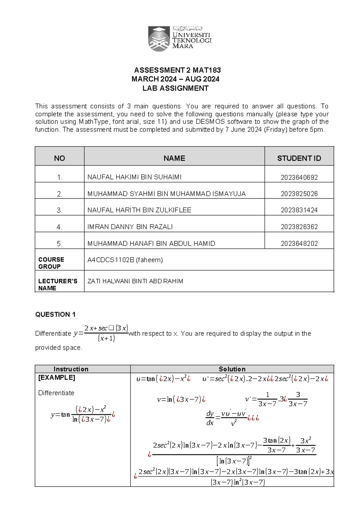 Assessment 2 LAB Assignment MAT183 MAY2024 ASSESSMENT 2 MAT MARCH