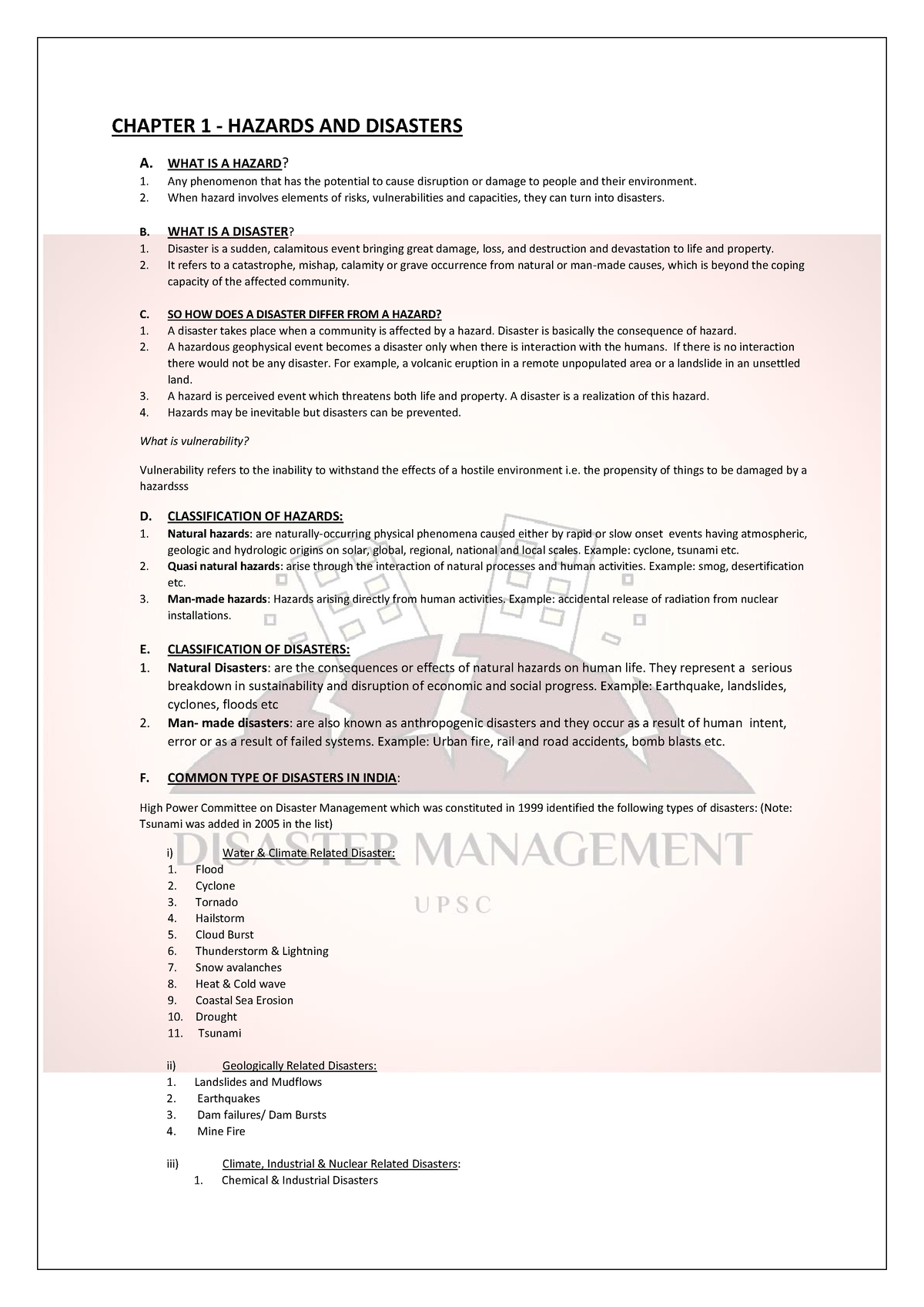 Disaster Management - CHAPTER 1 - HAZARDS AND DISASTERS A. WHAT IS A ...