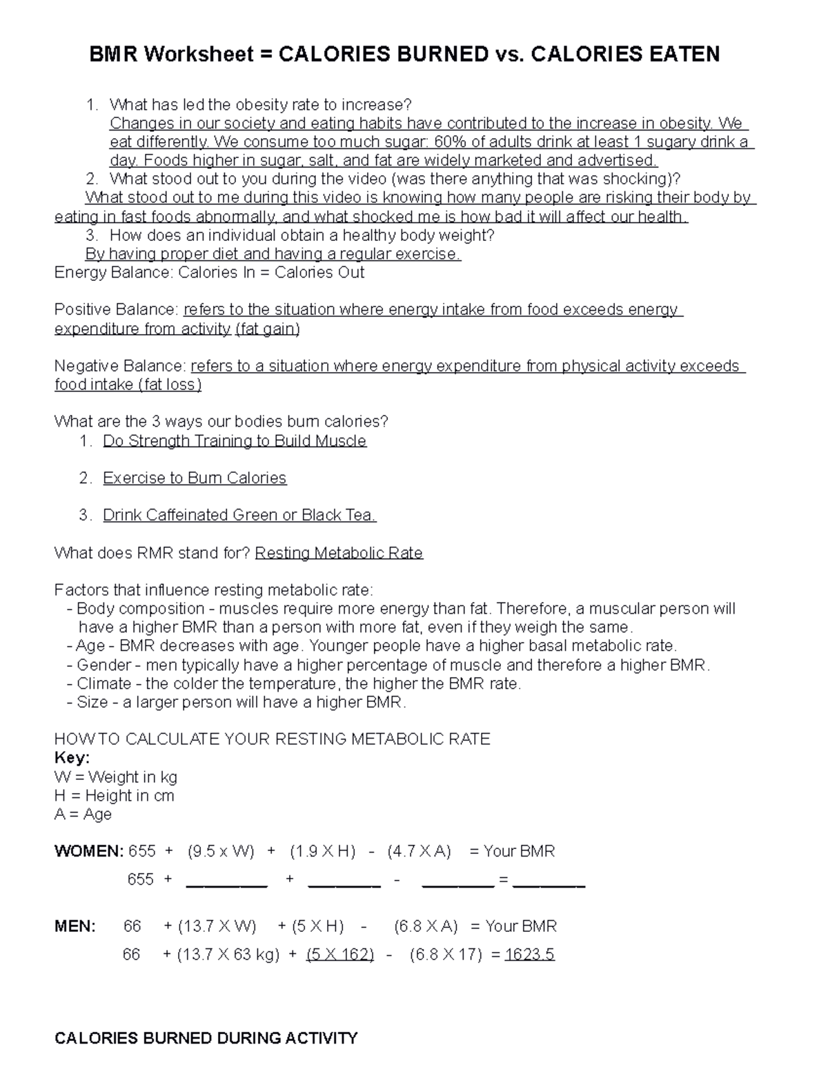 Day 1 Worksheet - The BMI - BMR Worksheet = CALORIES BURNED vs ...