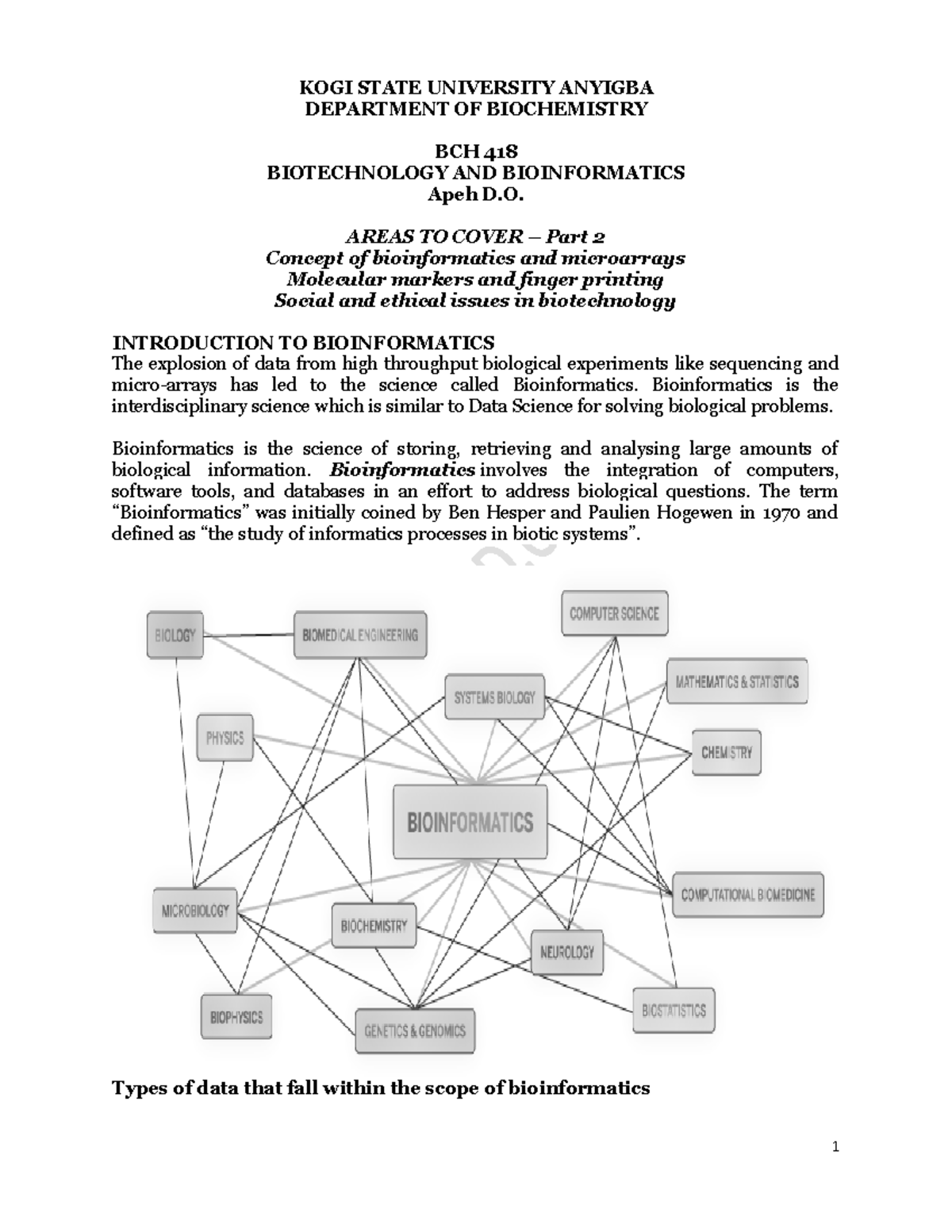 BCH 418 INTRODUCTION TO BIOINFORMATICS PART TWO KOGI STATE UNIVERSITY