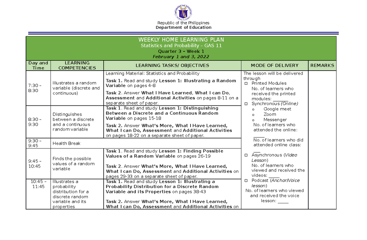 Weekly home learning plan republic of the philippines vrogue co