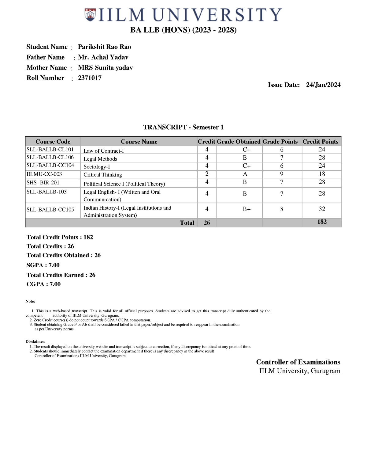 Final marksheet transcript-2 - BA LLB (HONS) (2023 - 2028) TRANSCRIPT ...