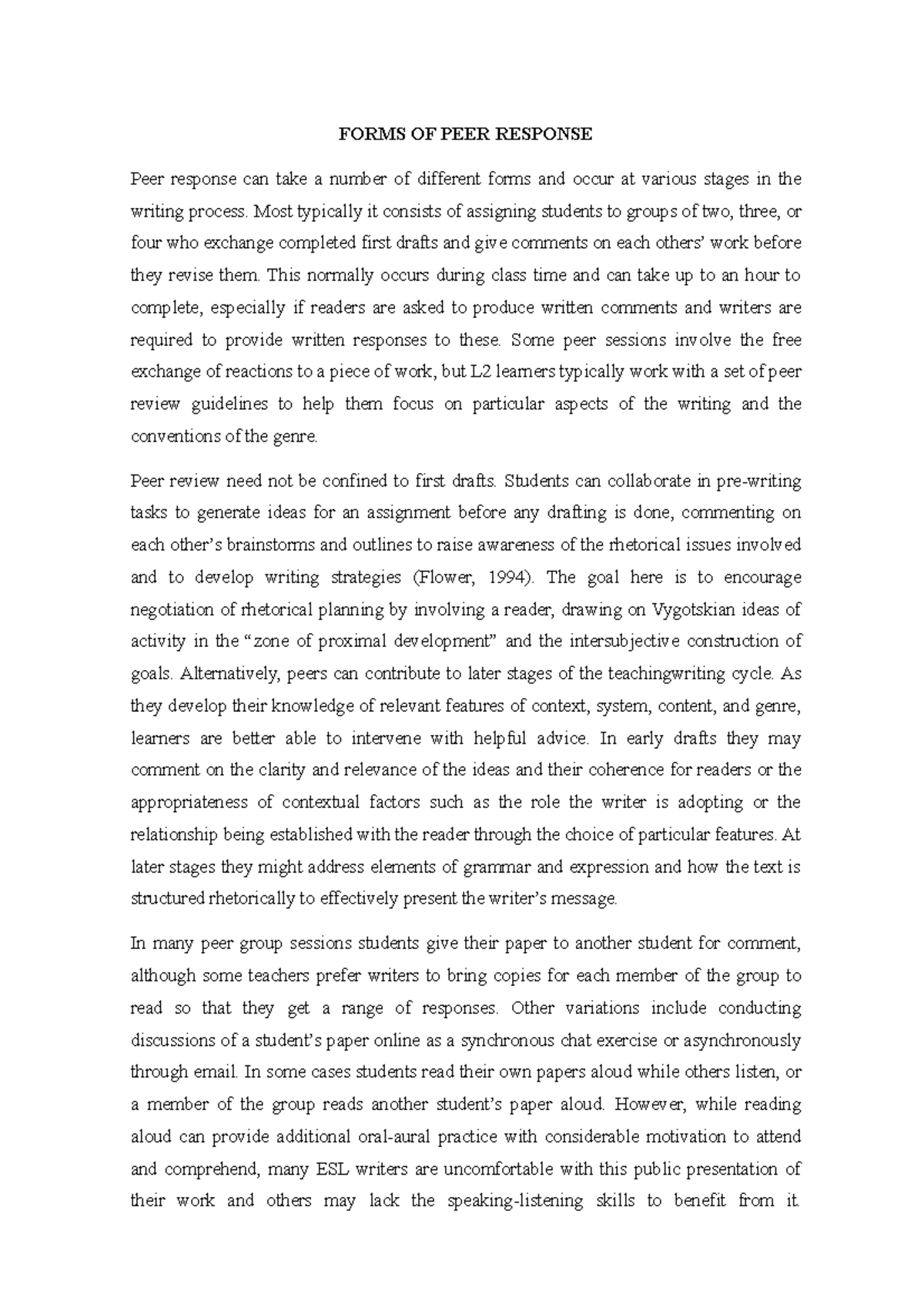 Forms OF PEER Response FORMS OF PEER RESPONSE Peer response can take