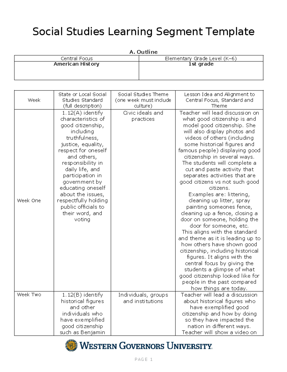 Social Studies Template - Social Studies Learning Segment Template A 