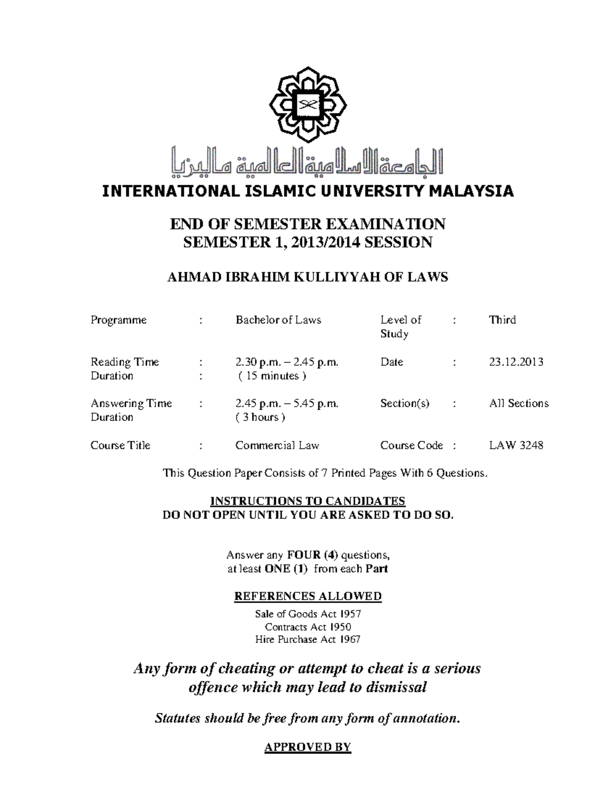 1, 1314 - past year papers, good luck - INTERNATIONAL ISLAMIC ...
