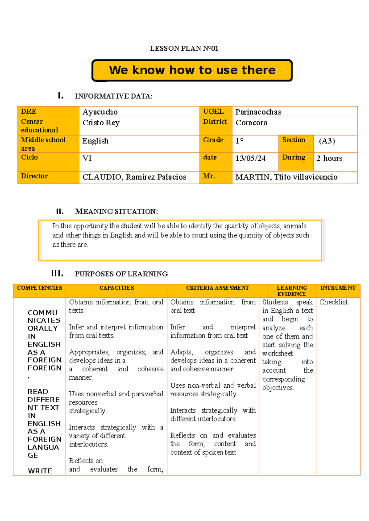 Lesson PLAN. 01° Orally 2024 First Grade - LESSON PLAN N° I ...