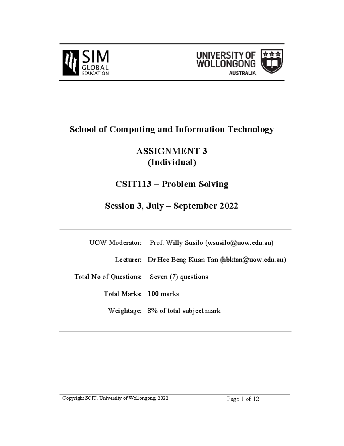 CSIT113-2022S3-A3-Sample Answers - School Of Computing And Information ...