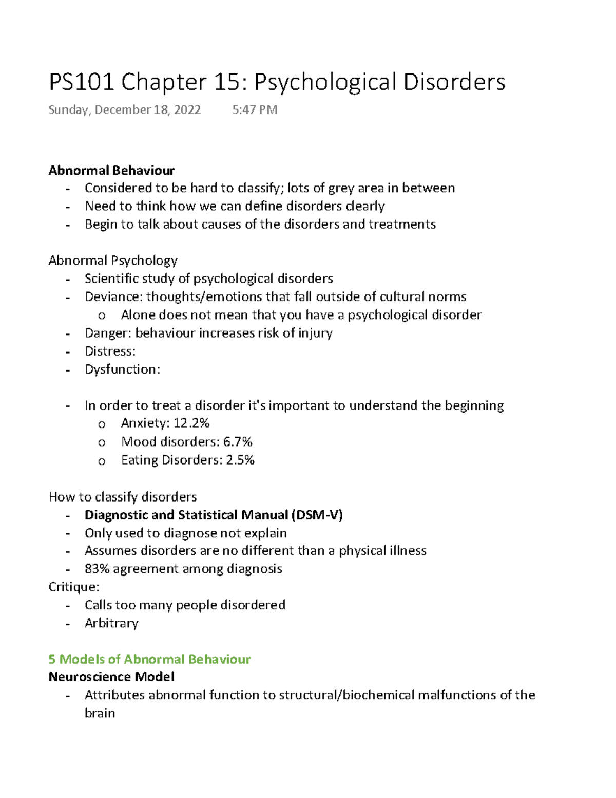 PS101 Chapter 15 Psychological Disorders - Abnormal Behaviour ...