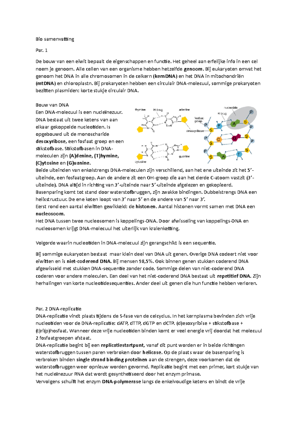 Bio Samenvatting DNA - Bio Samenvatting Par. 1 De Bouw Van Een Eiwit ...