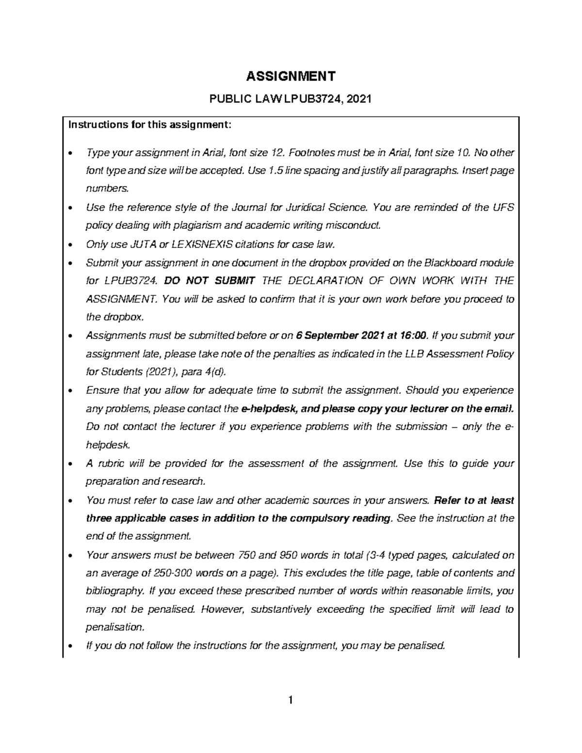 2021 Assignment - School notes - ASSIGNMENT PUBLIC LAW LPUB3724, 2021 ...