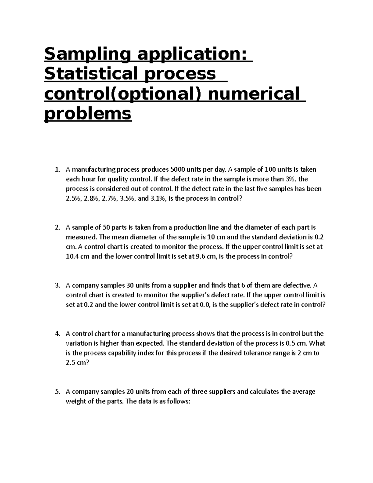 Statistical process control(optional) numerical problems - Sampling ...