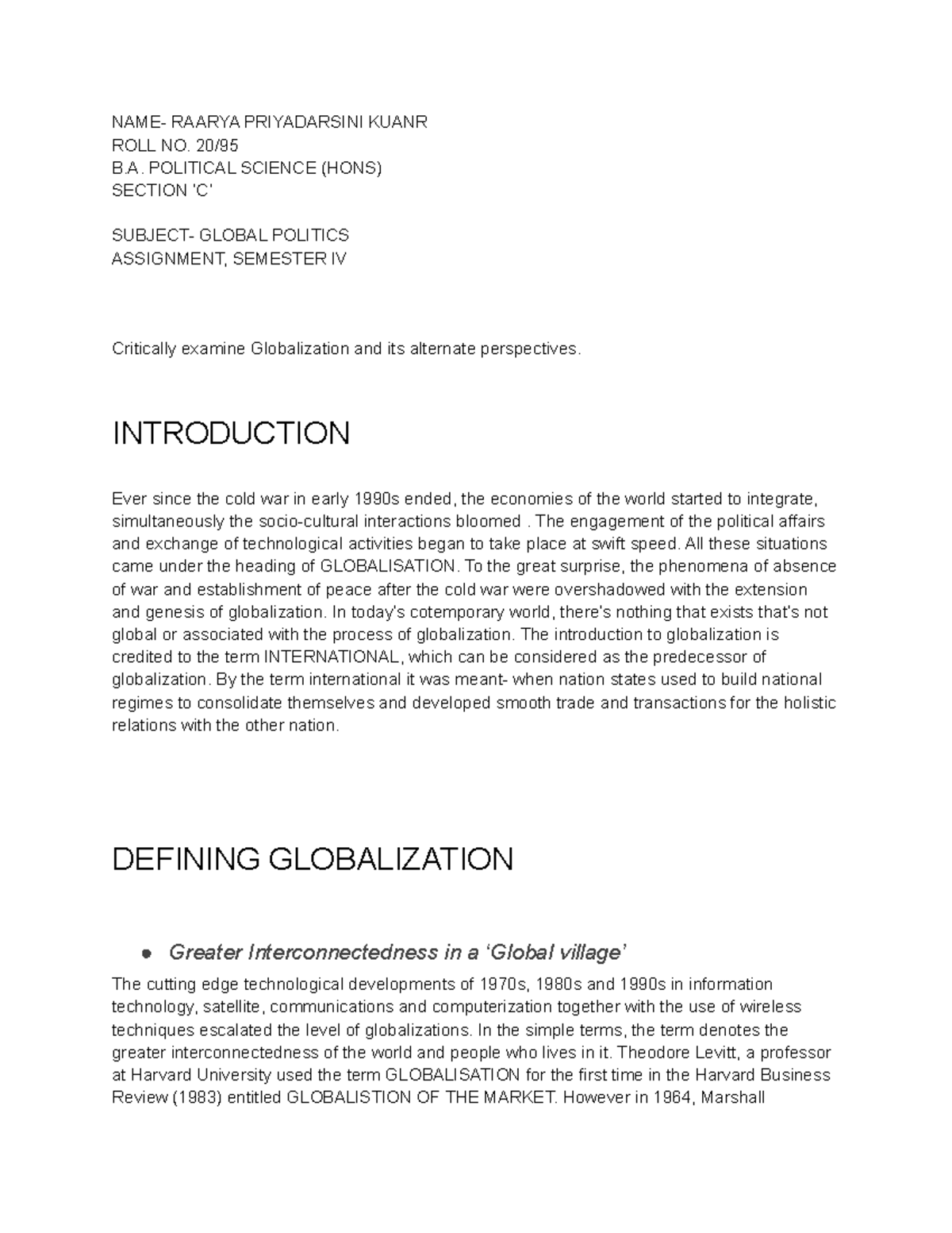 Global Politics Sem 4 Assignment - NAME- RAARYA PRIYADARSINI KUANR ROLL ...