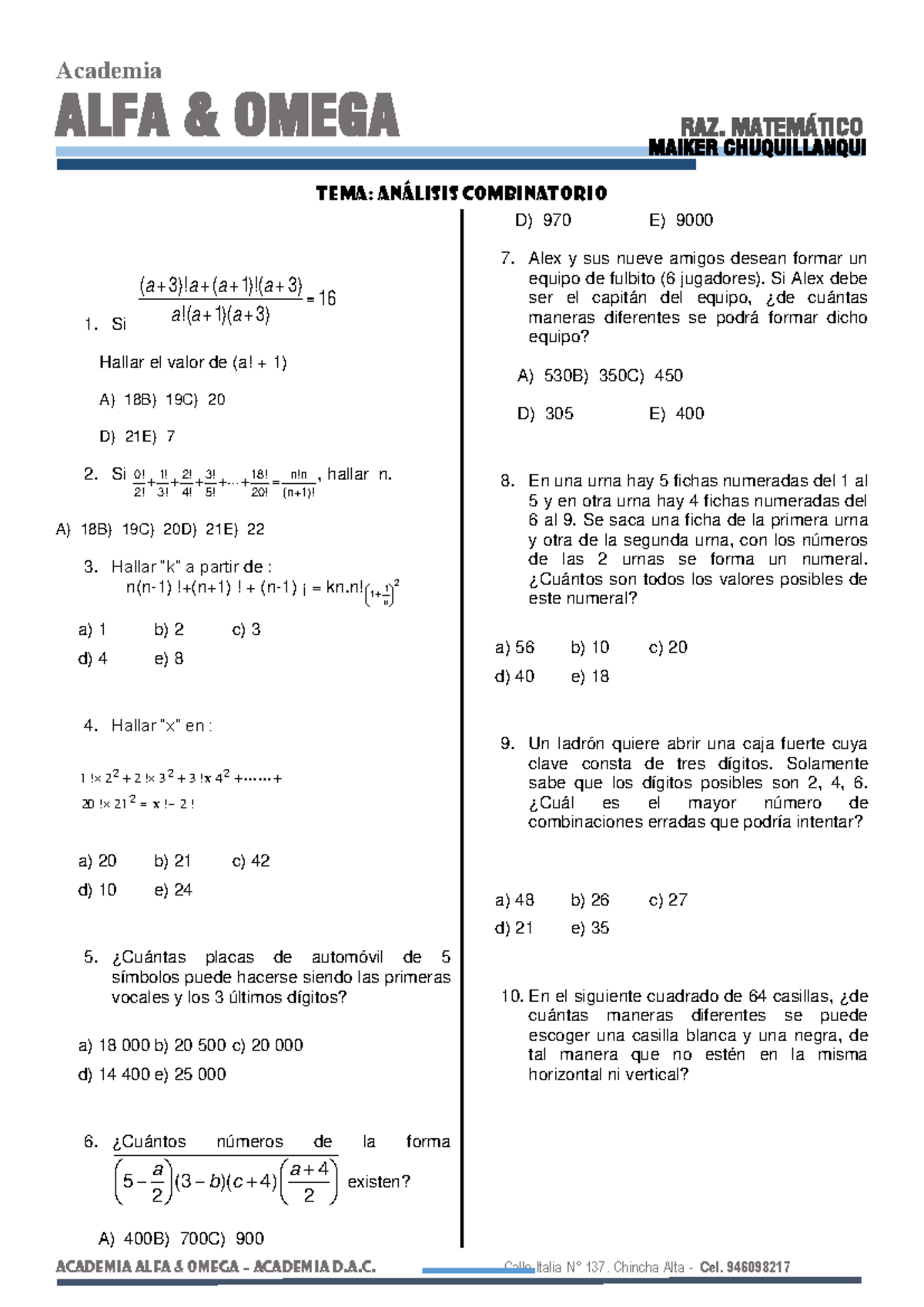 Analisis Combinatorio - Academia ALFA & OMEGA RAZ. MATEMÁTICO TEMA ...