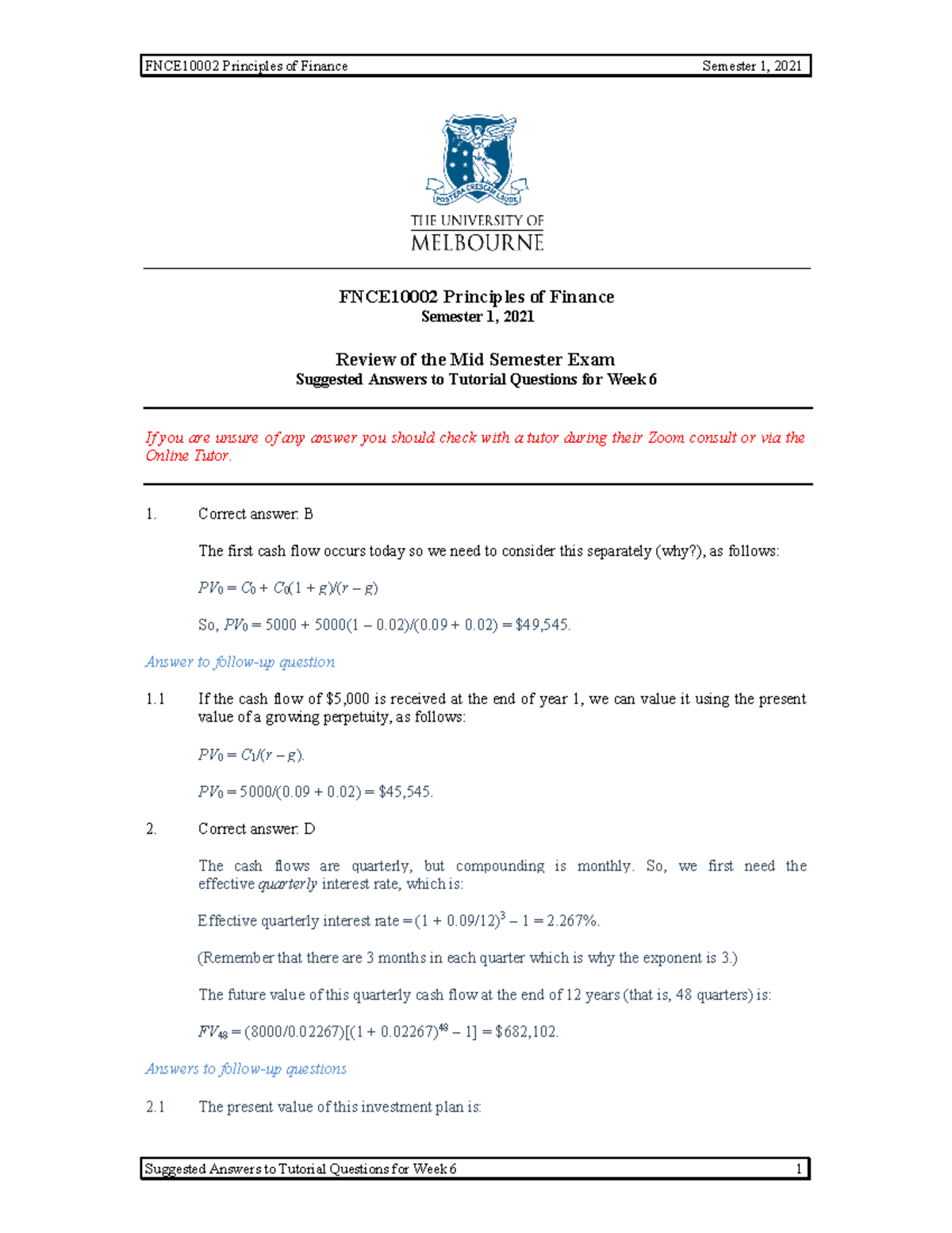 Tutorial 06 - Mid Sem Exam Review - Ans - FNCE10002 Principles of ...