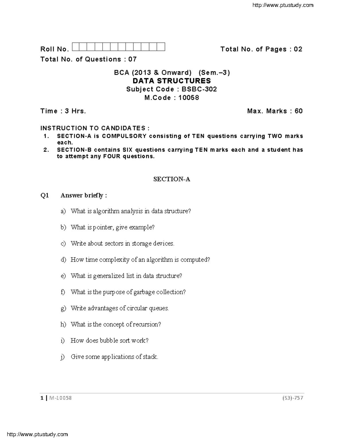 Bca 3 Sem Data Structures 10058 May 2019 - 1 | M-10058 (S3)- Roll No ...