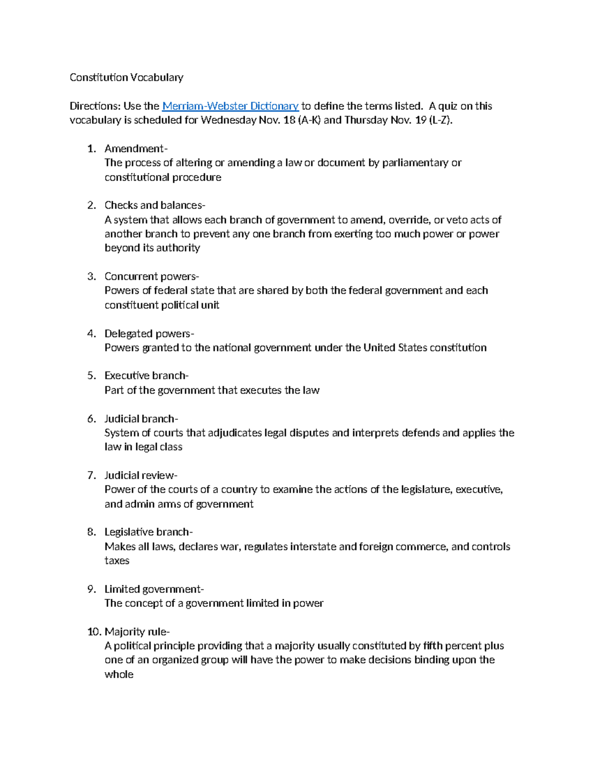 Constitution Vocabulary - Constitution Vocabulary Directions: Use the ...