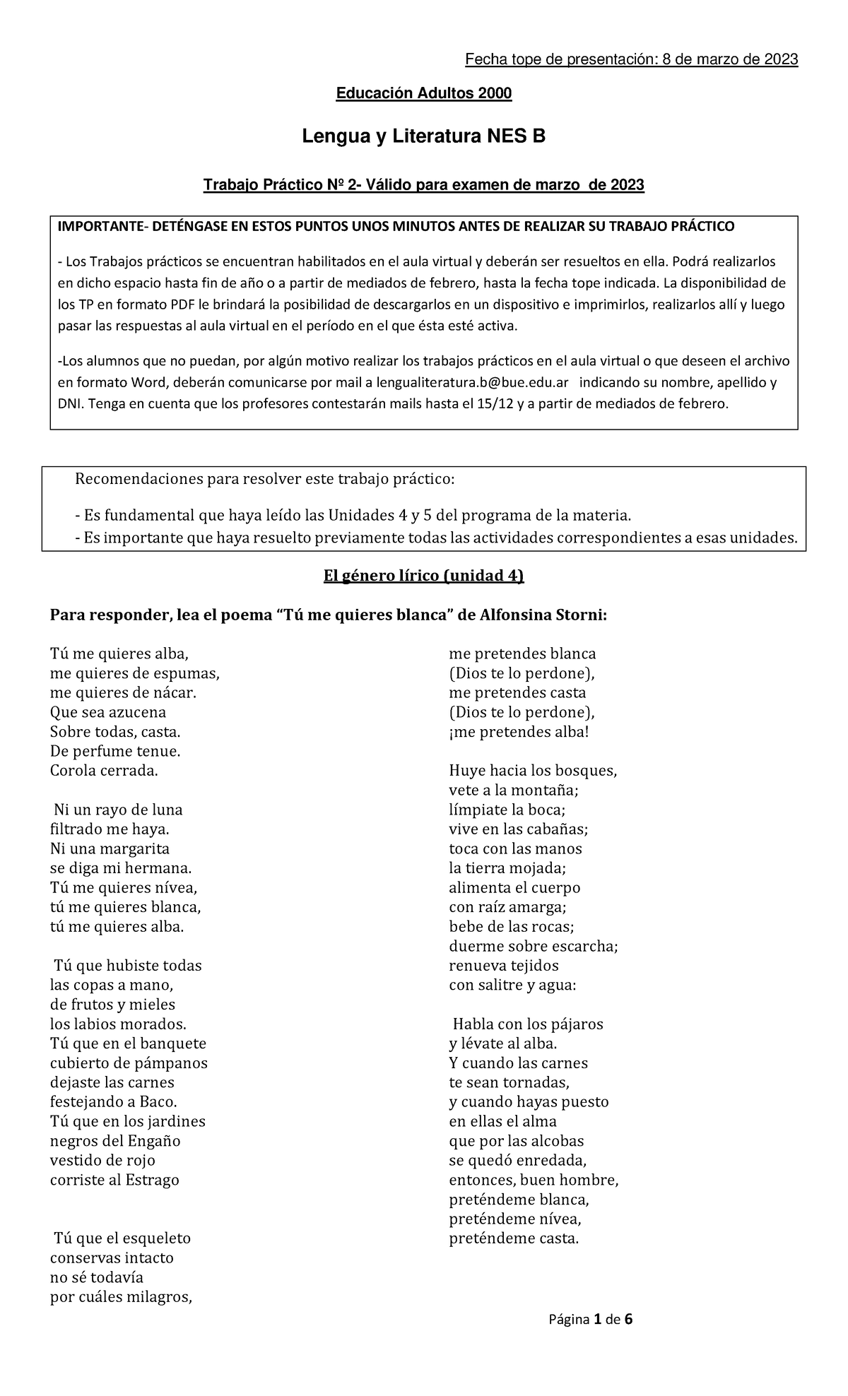 Lengua Y Literatura B TP2 - Marzo 2023 - Fecha Tope De Presentación: 8 ...