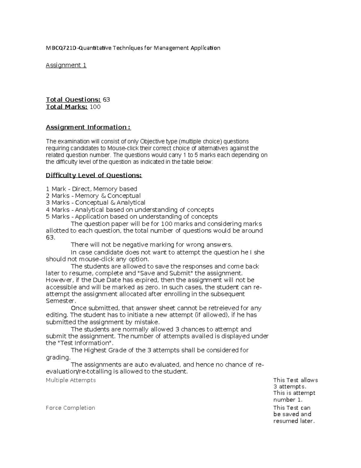 Quantitative techniques for management application 1 - MBCQ721D ...