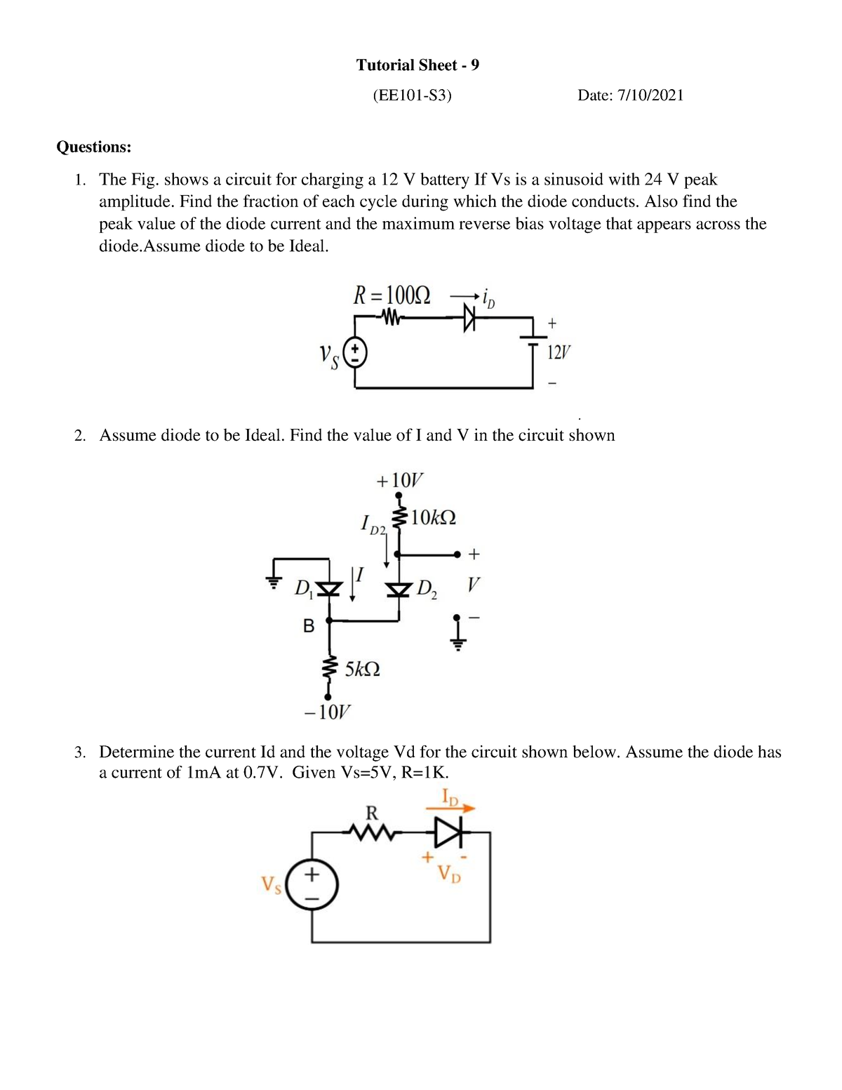 Tutorial-9 - EE101 Tutorial 9 - Tutorial Sheet - 9 (EE101-S3) Date: 7 ...