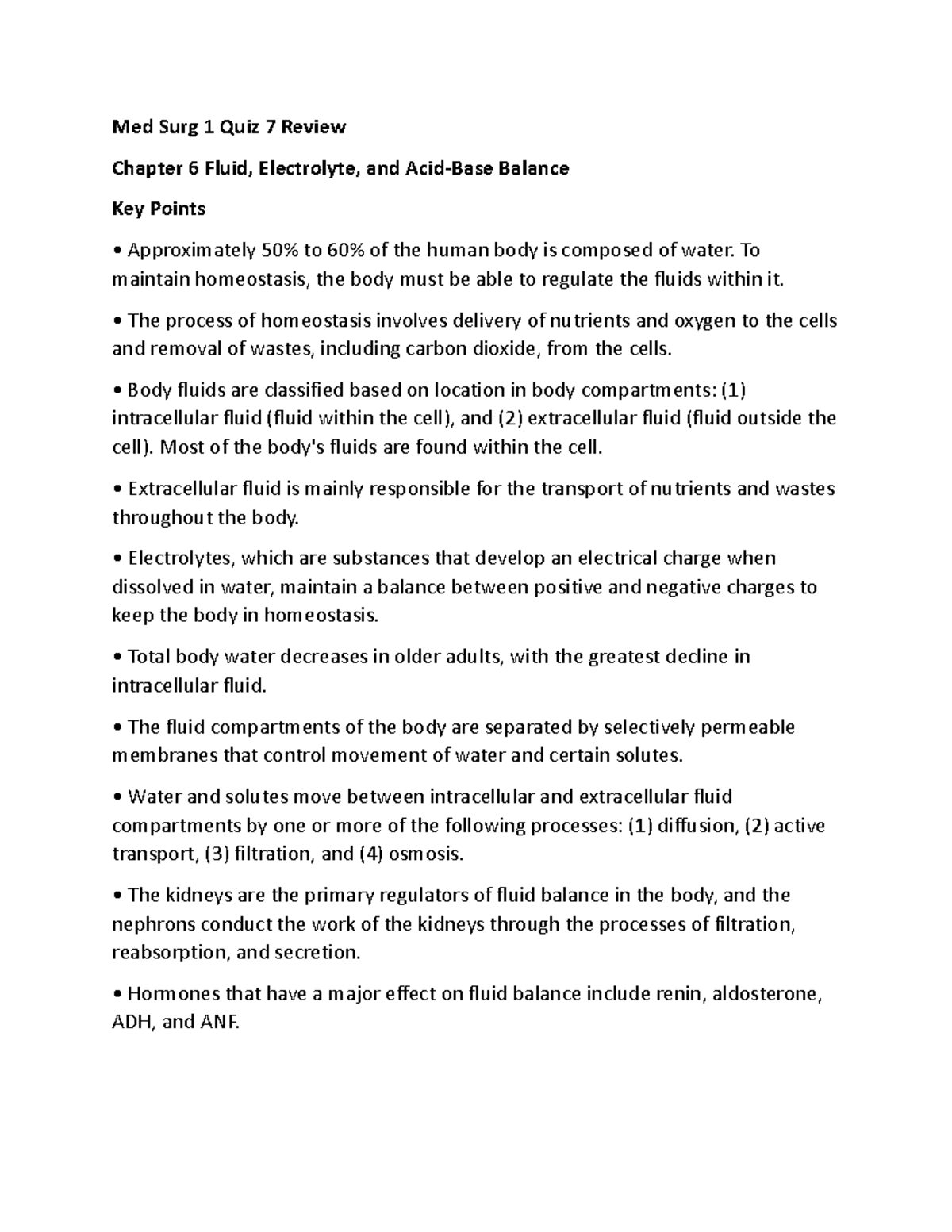 Med Surg Quiz 7 copy fluids and electrolytes Med Surg 1 Quiz 7