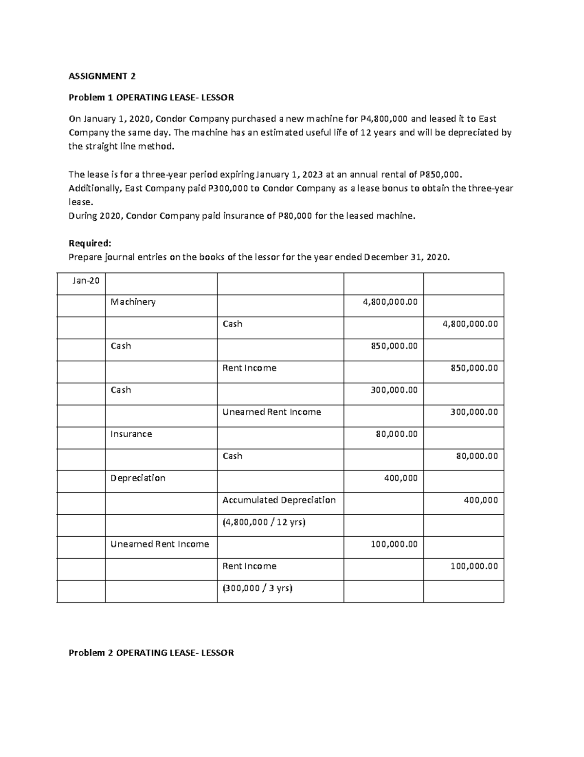 Operating Lease & Direct Financing Lease - ASSIGNMENT 2 Problem 1 ...