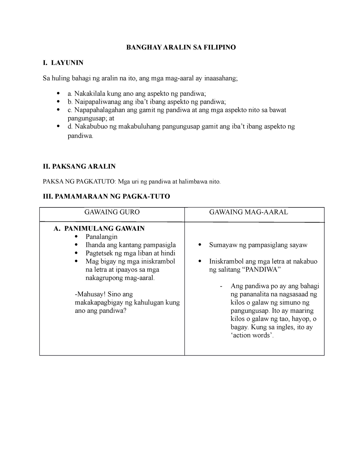 Banghay Aralin SA Filipino - BANGHAY ARALIN SA FILIPINO I. LAYUNIN Sa ...