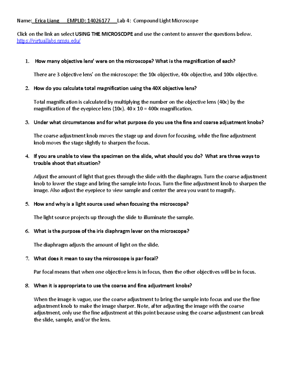 BIO11 Lab Report 4 Compound Light Microscope Name Erica Liang