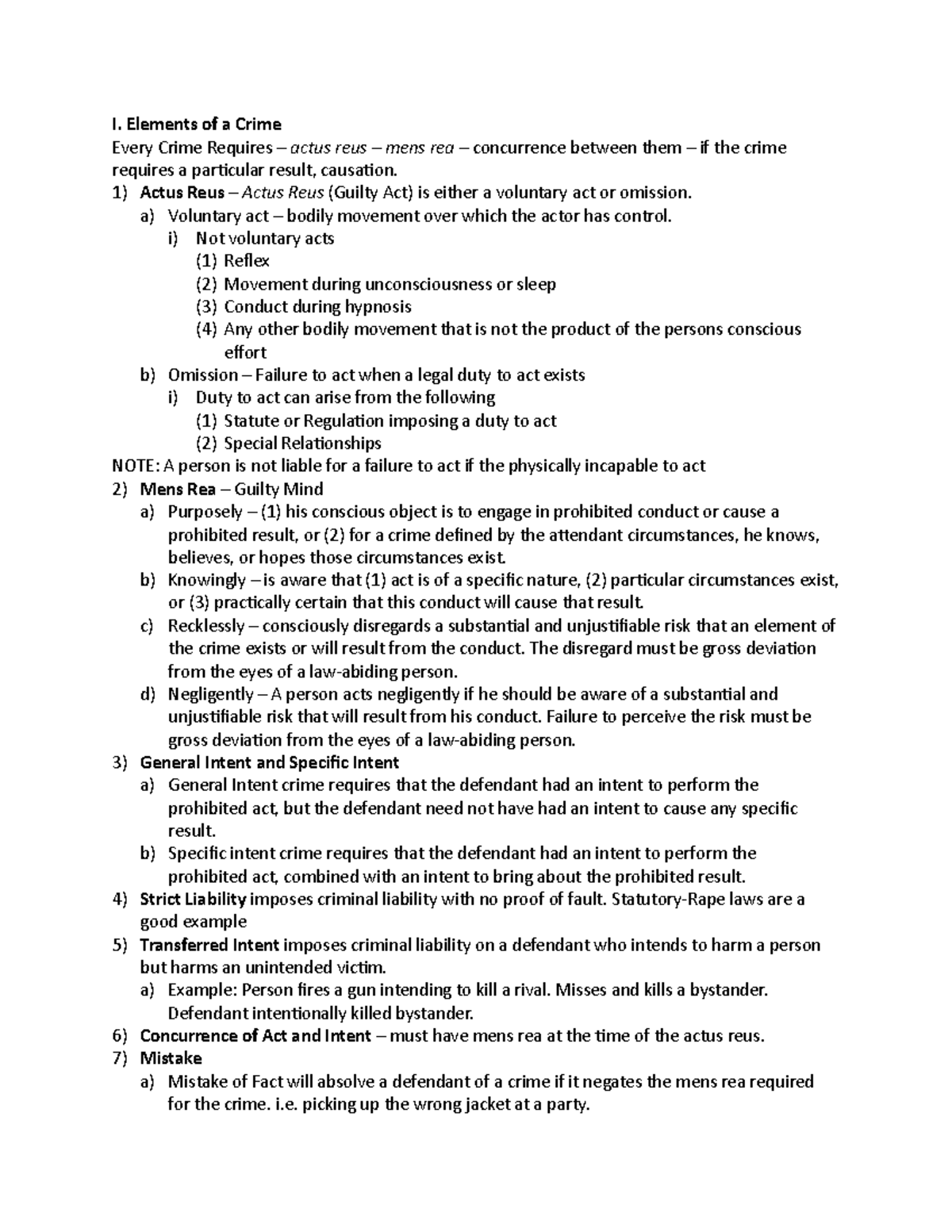 Criminal Law Outline - I. Elements of a Crime Every Crime Requires ...