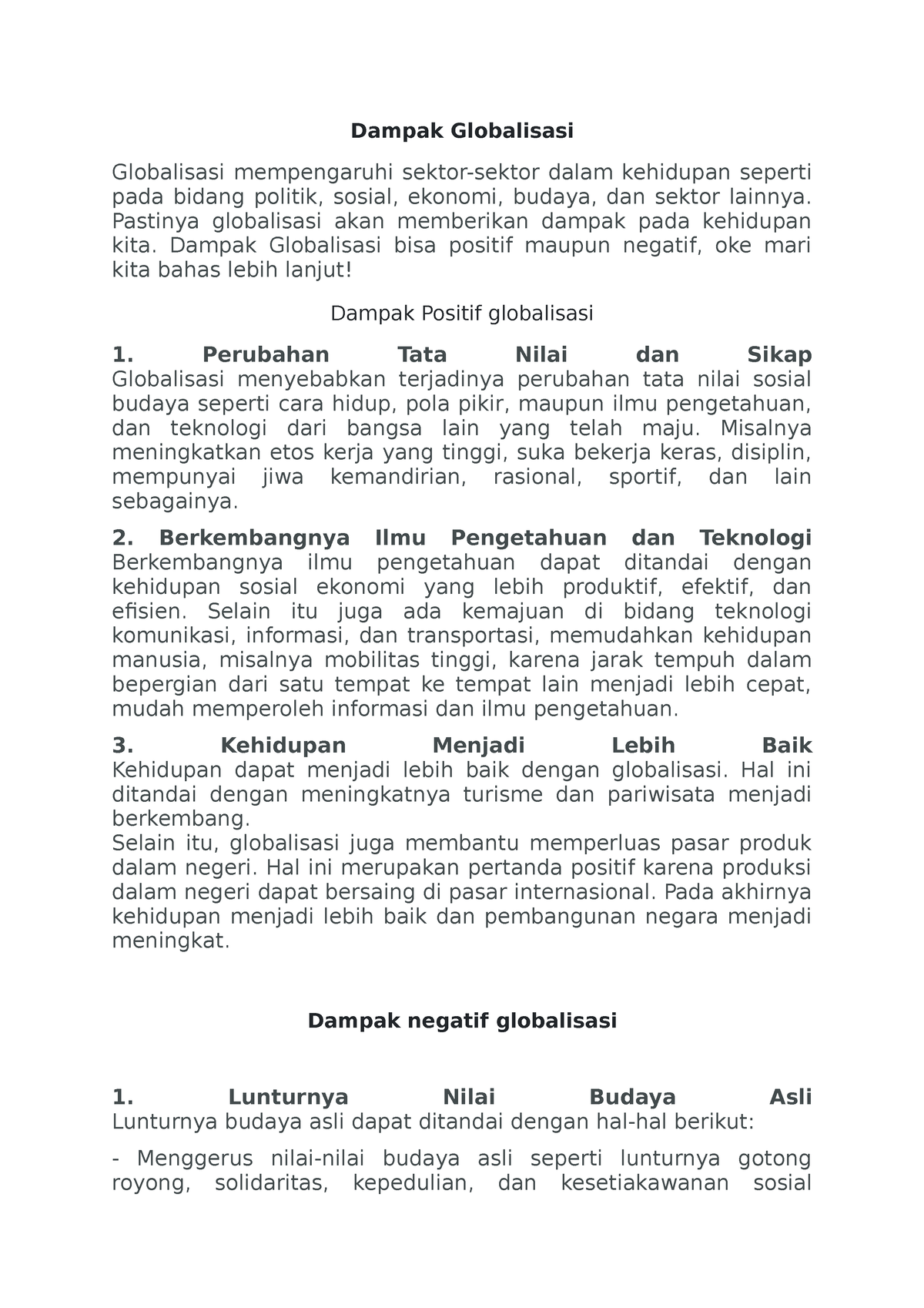 Dampak Positif DAN Negatif Globalisasi - Dampak Globalisasi Globalisasi ...