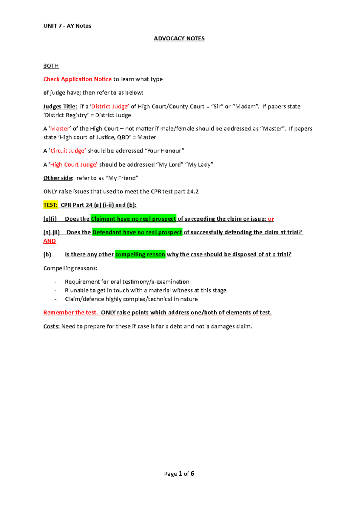 Dispute Resolution Advocacy Notes AY - ADVOCACY NOTES BOTH Check ...