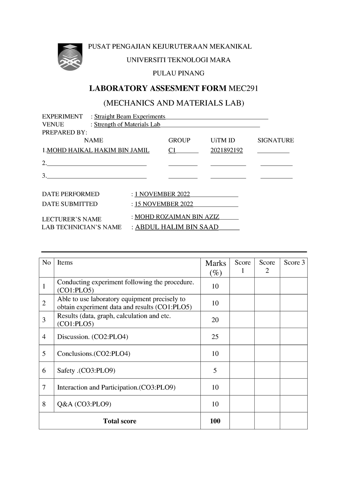 straight beam experiment lab report