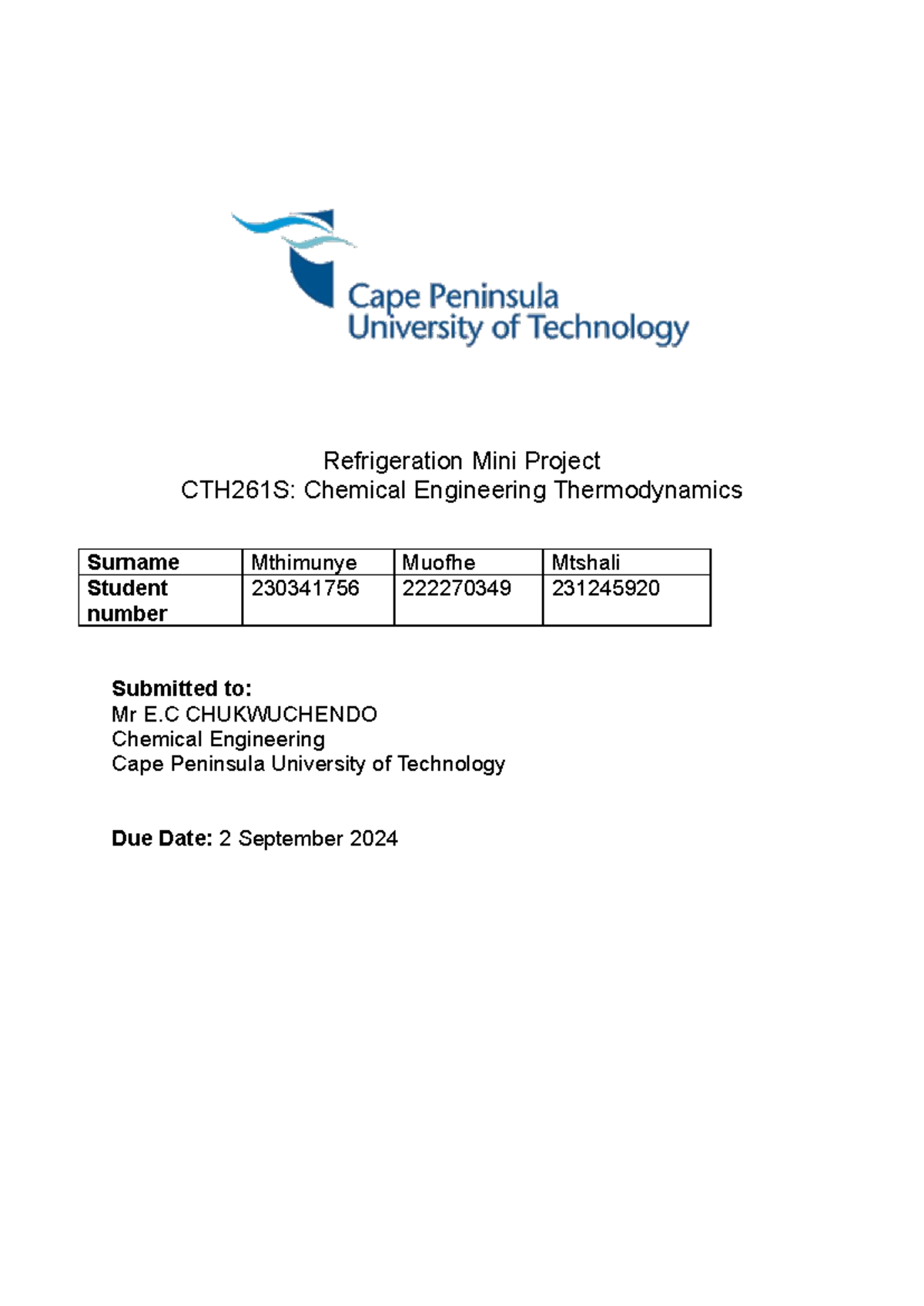 Refrigeration Research Refrigeration Mini Project CTH261S Chemical