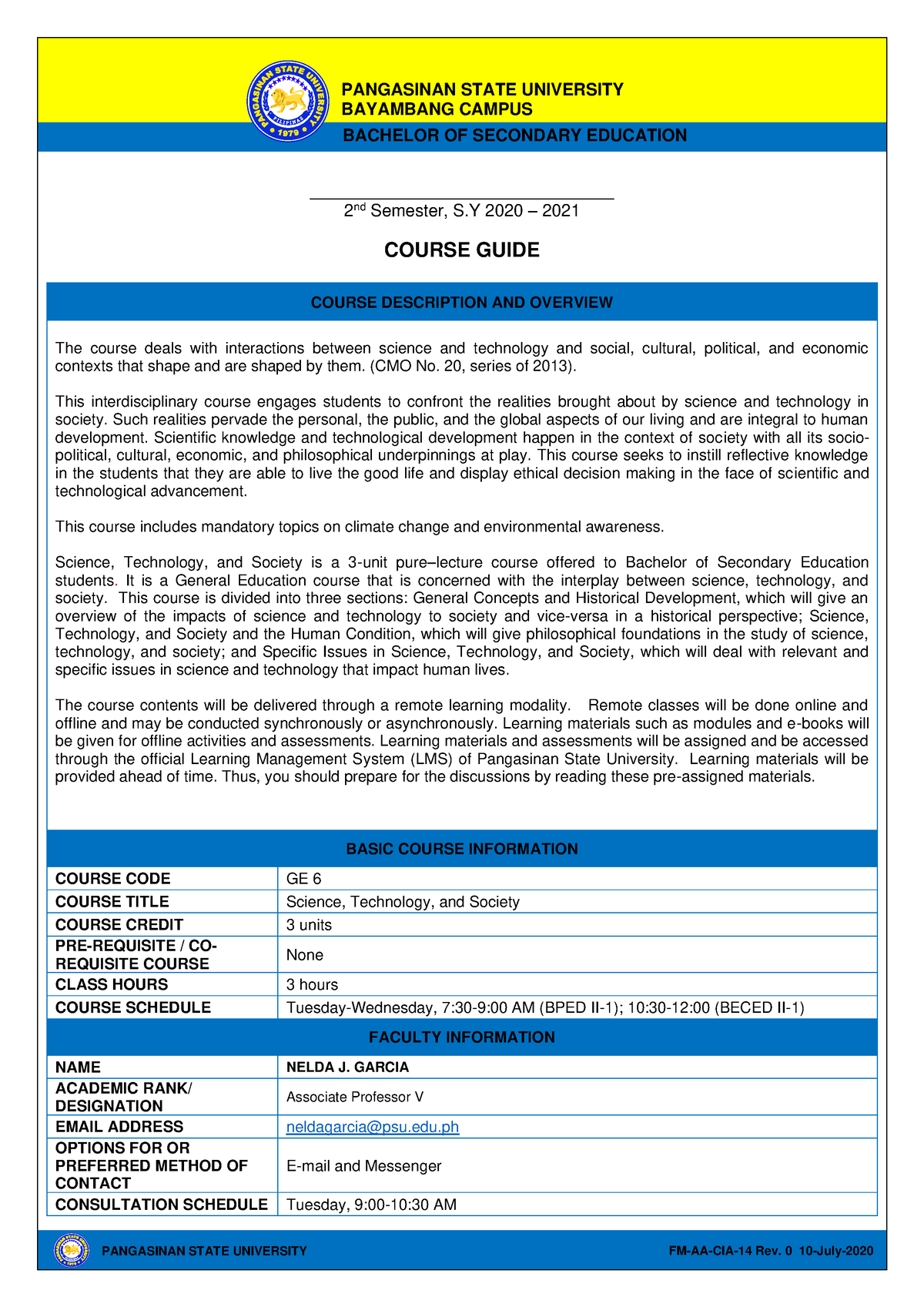 STS Syllabus+by+Zarate+John - 1 BACHELOR OF SECONDARY EDUCATION