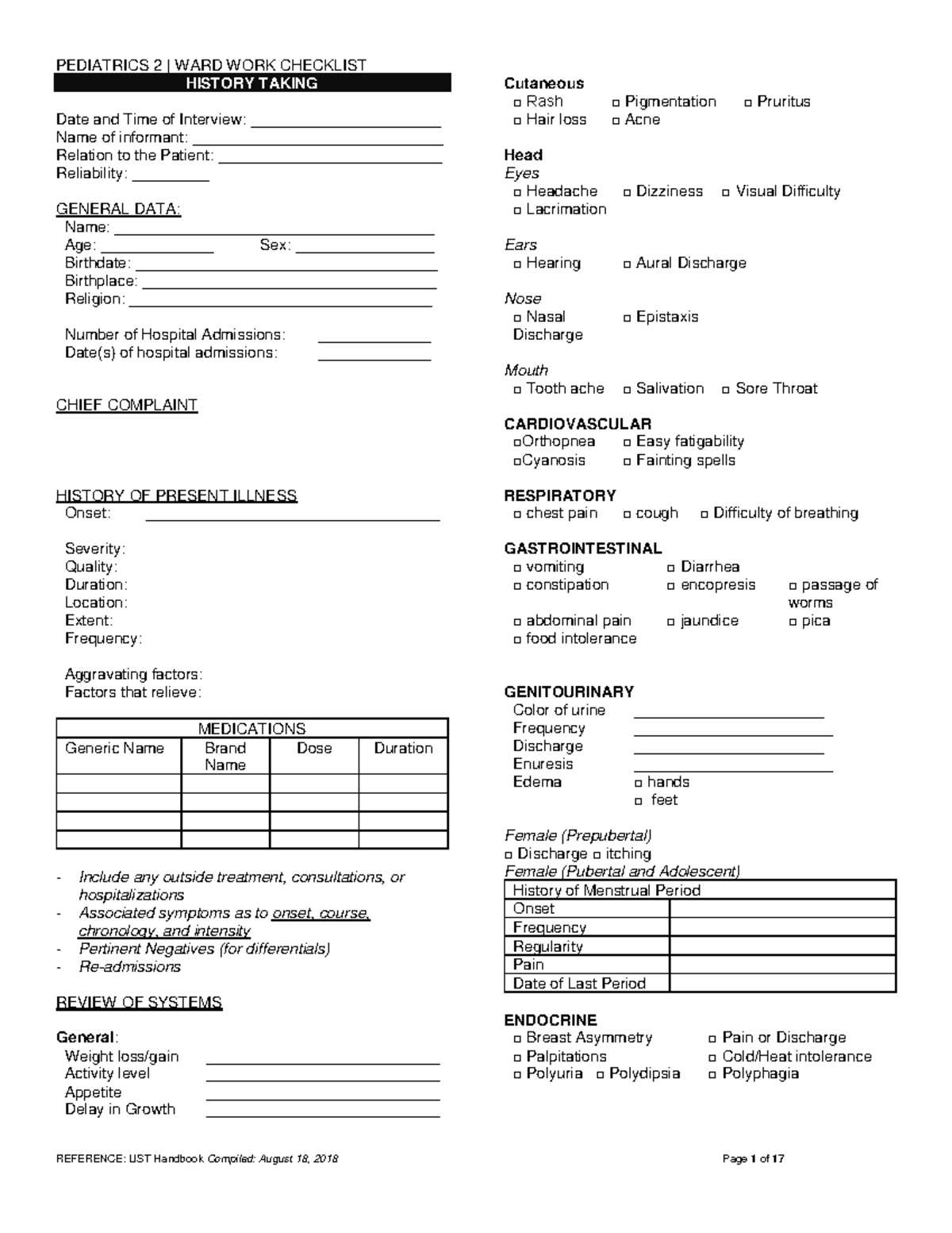 Pedia 2 Wards Checklist - HISTORY TAKING Date and Time of Interview
