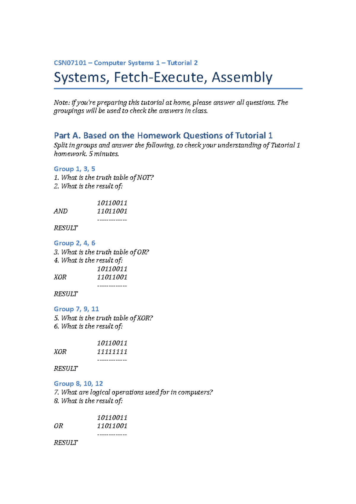Tutorial 2 - CSN07101 – Computer Systems 1 – Tutorial 2 Systems, Fetch ...