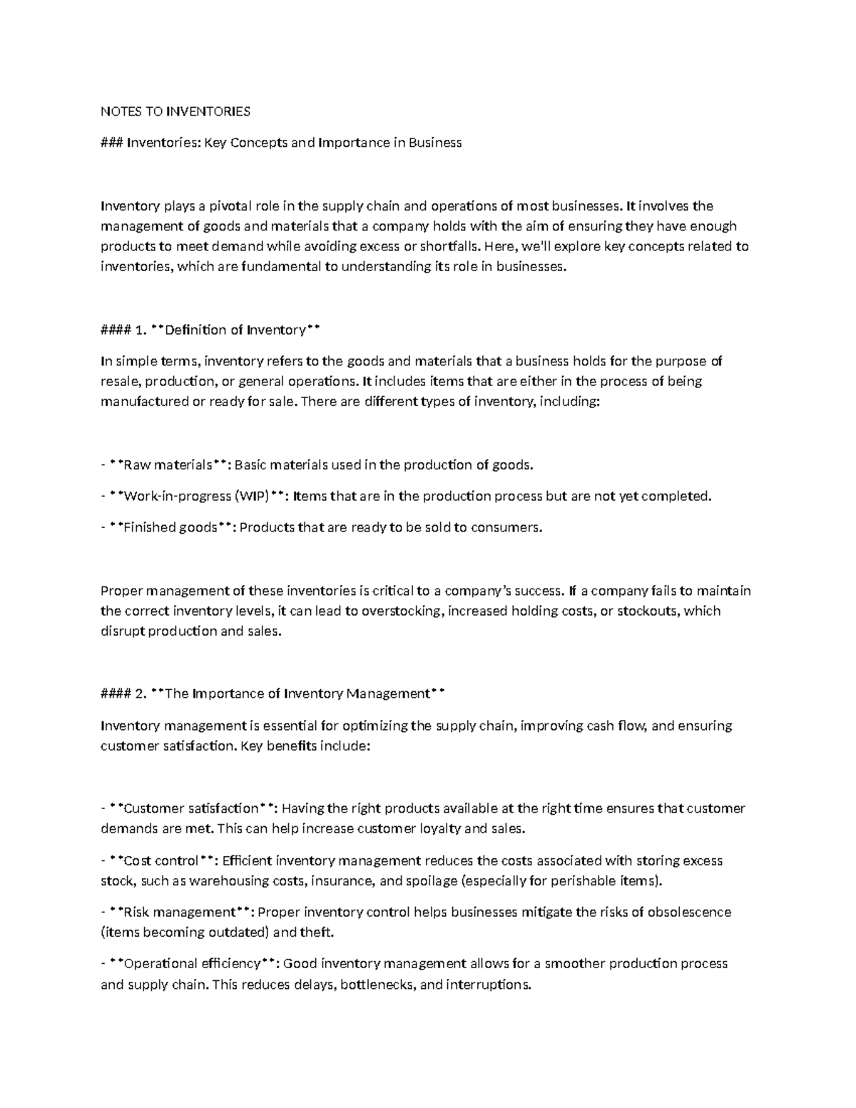 Notes TO Inventories - NOTES TO INVENTORIES Inventories: Key Concepts ...