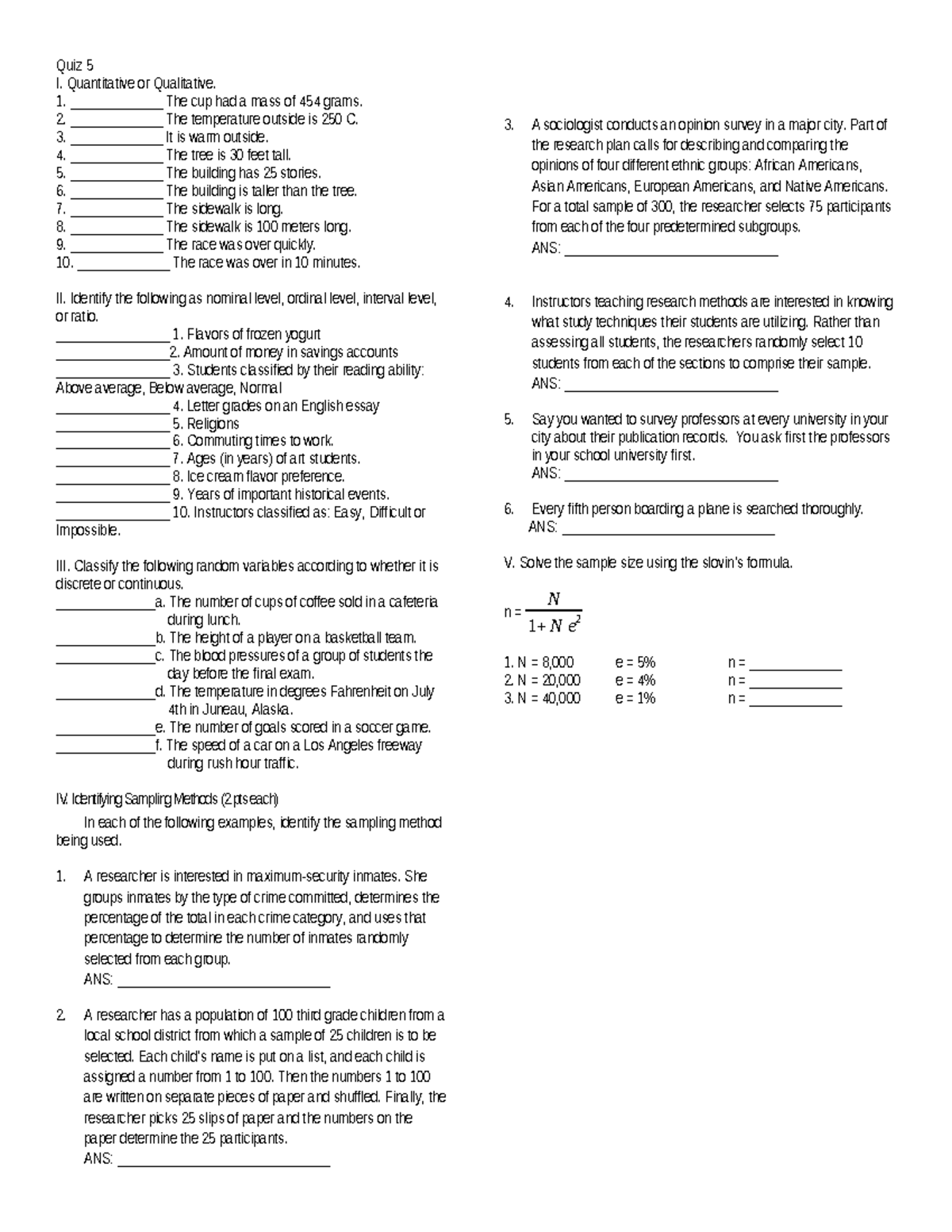 Quiz 5 - Quiz in Math - Quiz 5 I. Quantitative or Qualitative. 1 ...
