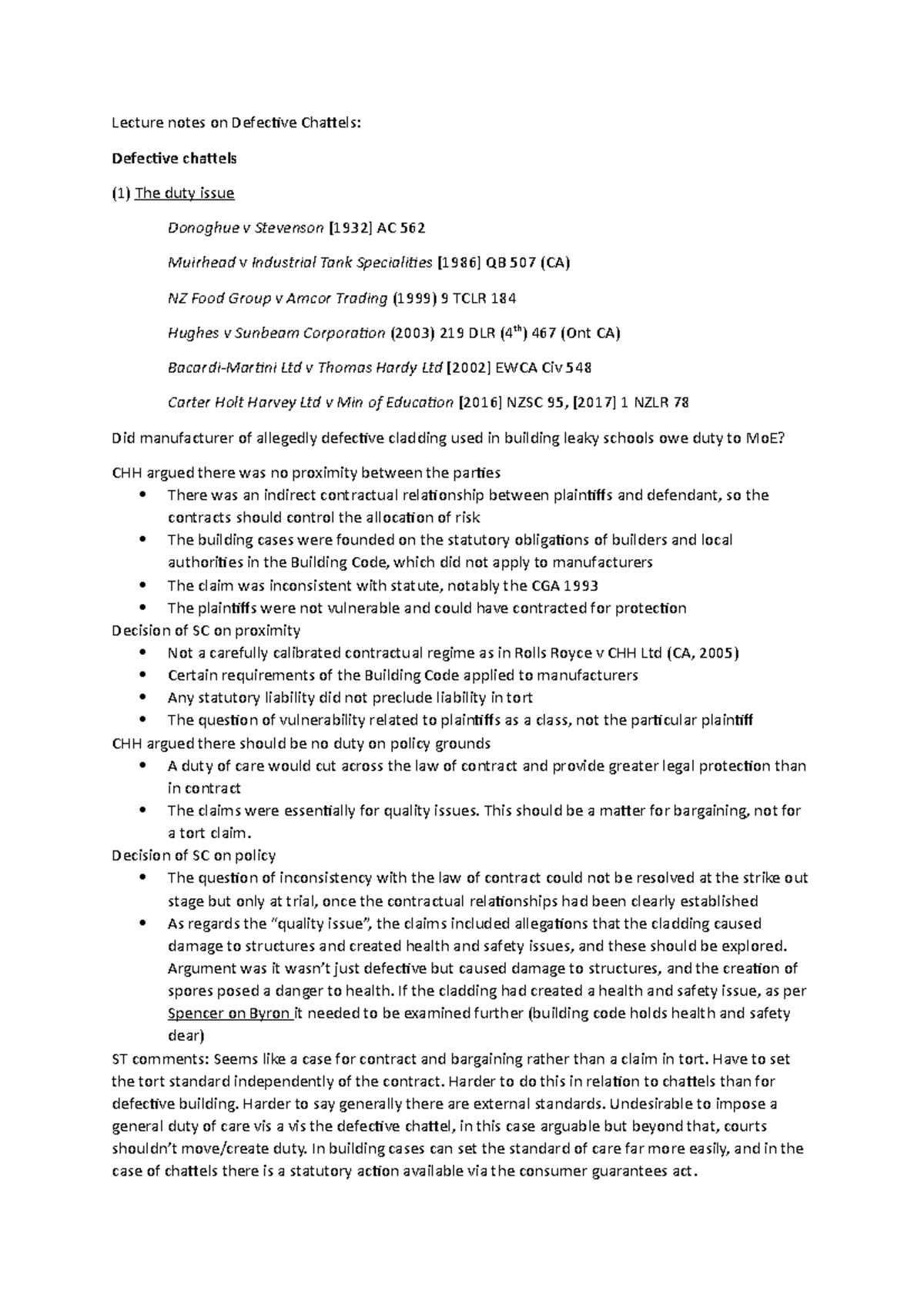 Defective Chattels - Lecture notes on Defective Chattels: Defective ...